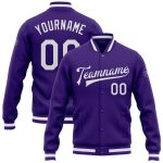 Custom Purple White Varsity Letterman Jacket - Full-Snap Bomber Style Custom Purple White Bomber Full-Snap Varsity Letterman