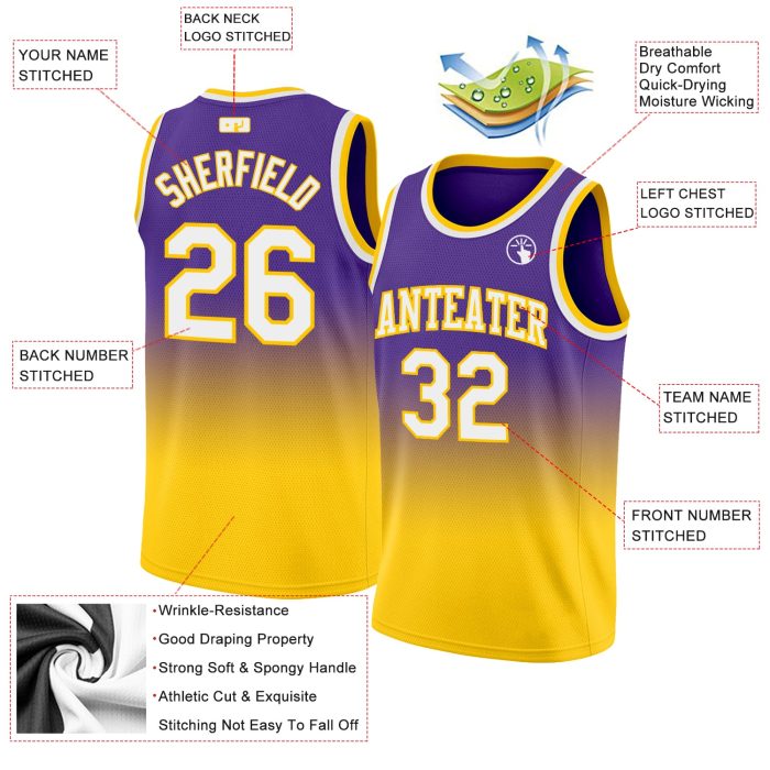 Custom Purple White Gold Basketball Jersey - Authentic Fade Design Fashion Apparel Custom Purple White-Gold Authentic Fade - Image 2