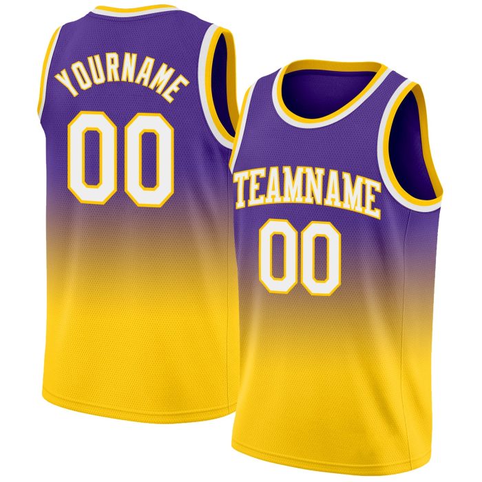 Custom Purple White Gold Basketball Jersey - Authentic Fade Design Fashion Apparel Custom Purple White-Gold Authentic Fade - Image 1