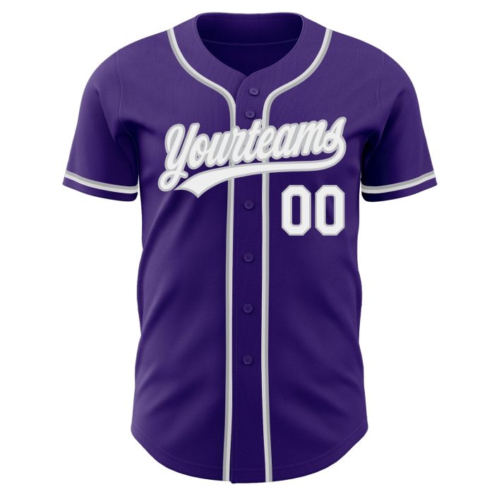 Personalized Purple White Gray Baseball Jersey - Custom Authentic Design Custom Purple White-Gray Authentic Baseball Jersey - Image 2