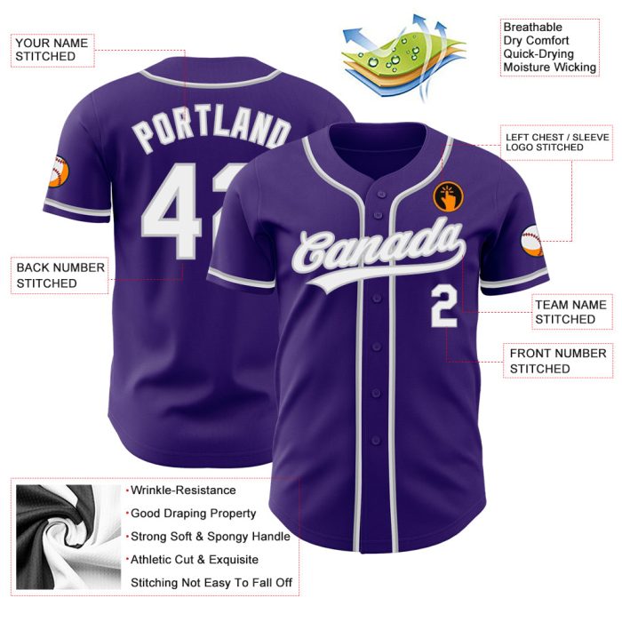 Personalized Purple White Gray Baseball Jersey - Custom Authentic Design Custom Purple White-Gray Authentic Baseball Jersey - Image 3