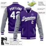 Custom Varsity Letterman Bomber Jacket Two Tone Purple White Gray Full-Snap Custom Purple White-Gray Bomber Full-Snap Varsity - Image 3