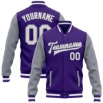 Custom Varsity Letterman Bomber Jacket Two Tone Purple White Gray Full-Snap Custom Purple White-Gray Bomber Full-Snap Varsity