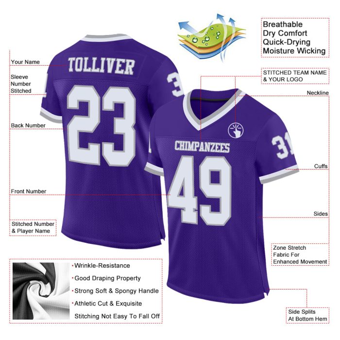 Custom Purple White Gray Authentic Throwback Football Jersey Mesh Design Custom Purple White-Gray Mesh Authentic Throwback - Image 2