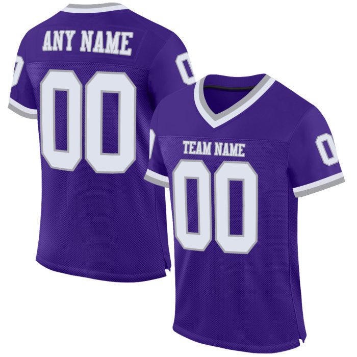 Custom Purple White Gray Authentic Throwback Football Jersey Mesh Design Custom Purple White-Gray Mesh Authentic Throwback - Image 1