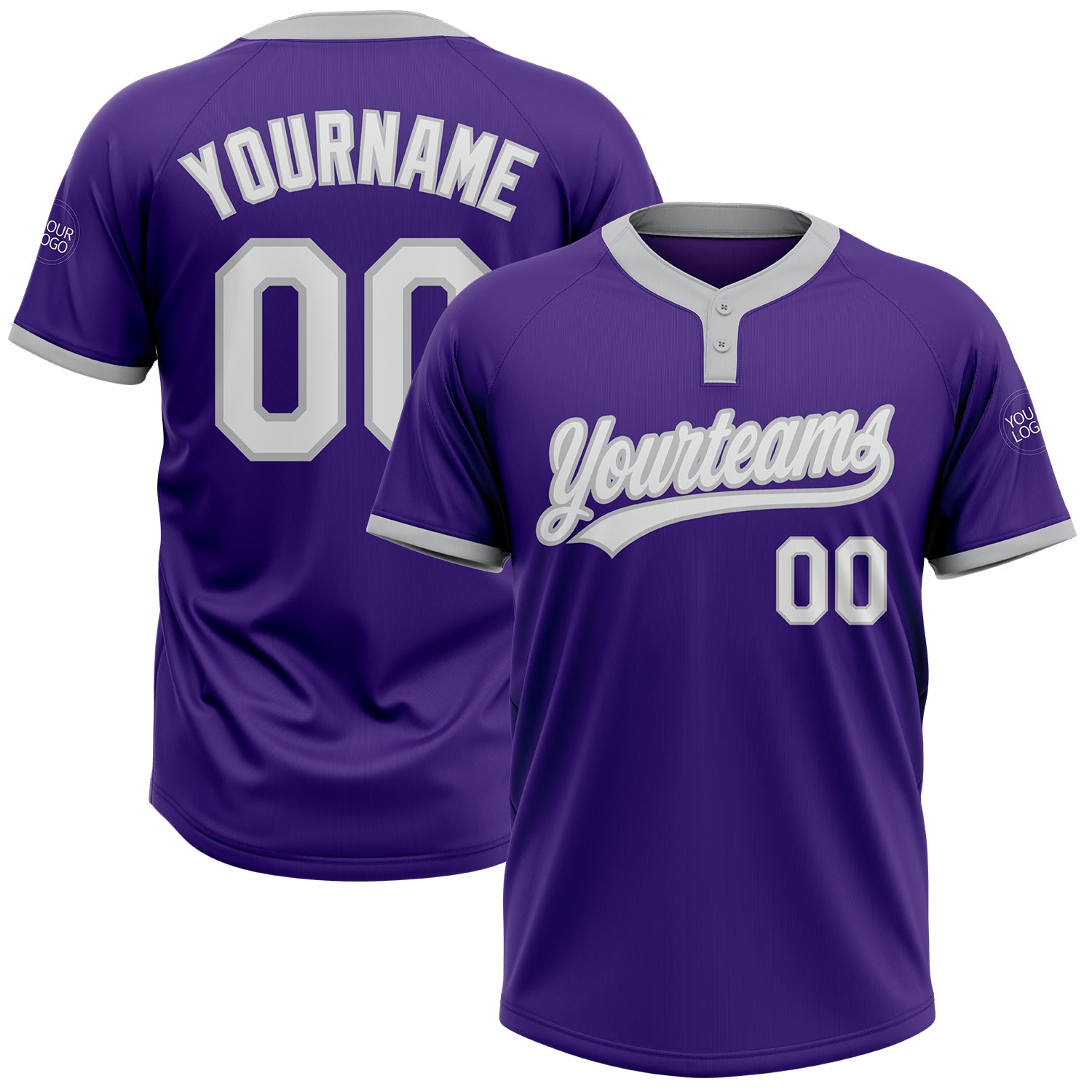 Purple and White Gray Custom Unisex Softball Jersey - Two-Button Design Custom Purple White-Gray Two-Button Unisex Softball