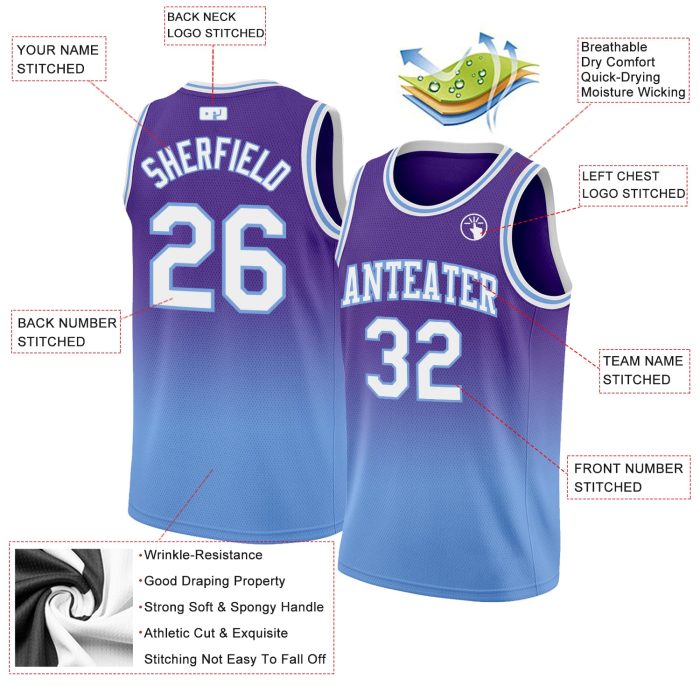 Custom Purple White Light Blue Basketball Jersey - Authentic Fade Design Fashion Custom Purple White-Light Blue Authentic - Image 2