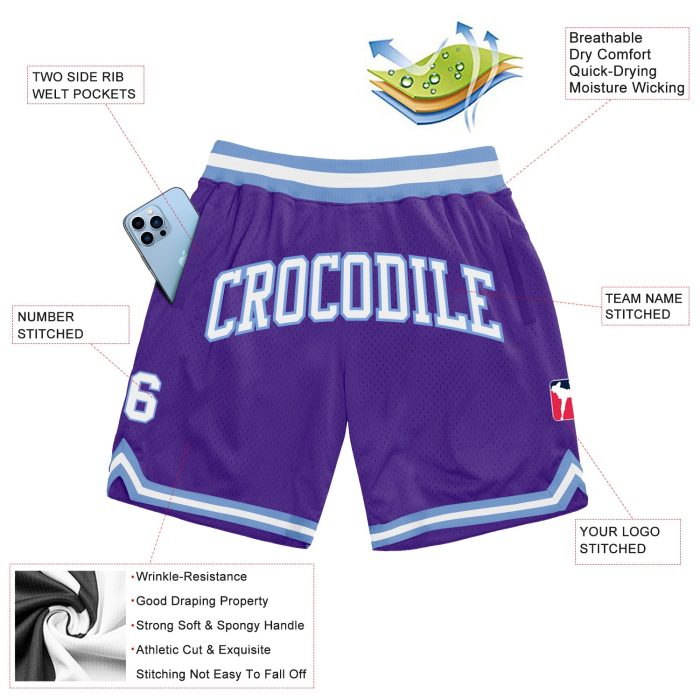 Authentic Throwback Basketball Shorts - Custom Purple White Light Blue Custom Purple White-Light Blue Authentic Throwback - Image 2