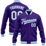 Custom Purple White Light Blue Varsity Bomber Jacket Full-Snap Letterman Custom Purple White-Light Blue Bomber Full-Snap