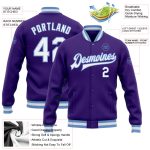 Custom Purple White Light Blue Varsity Bomber Jacket Full-Snap Letterman Custom Purple White-Light Blue Bomber Full-Snap - Image 3