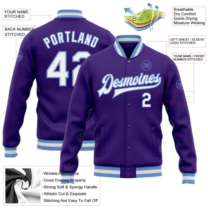 Custom Purple White Light Blue Varsity Bomber Jacket Full-Snap Letterman Custom Purple White-Light Blue Bomber Full-Snap - Image 3