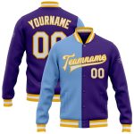 Custom Varsity Letterman Jacket in Purple, White, Light Blue, and Gold - Full-Snap Fashion Style Custom Purple White Light