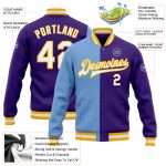 Custom Varsity Letterman Jacket in Purple, White, Light Blue, and Gold - Full-Snap Fashion Style Custom Purple White Light - Image 3