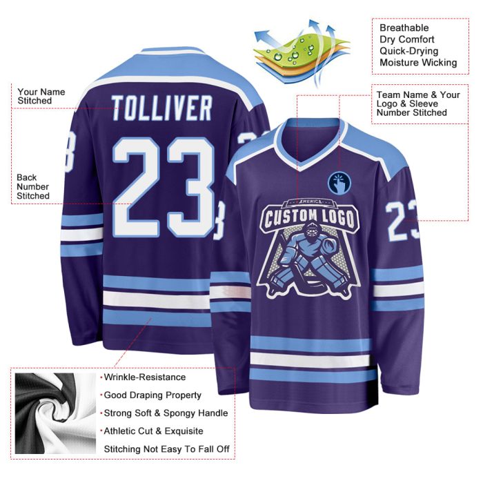 Purple White Light Blue Custom Hockey Jersey for Men and Women Custom Purple White-Light Blue Hockey Jersey - Image 3