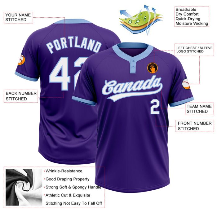Custom Softball Jersey Two-Button Unisex in Purple & Light Blue - Soft Fabric Custom Purple White-Light Blue Two-Button Unisex - Image 3