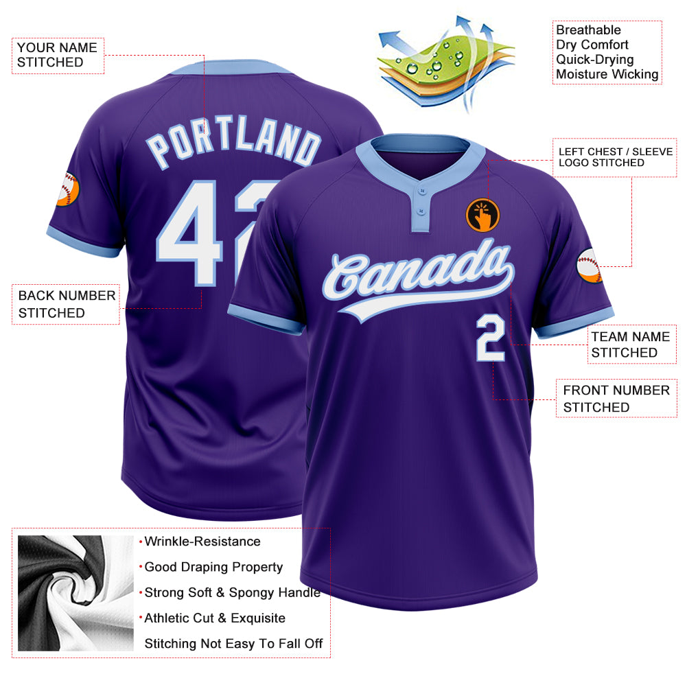 Custom Purple White-Light Blue Two-Button Unisex Softball Jersey Custom Softball Jersey Two-Button Unisex in Purple & Light Blue - Soft Fabric Custom Purple White-Light Blue Two-Button Unisex - Image 3