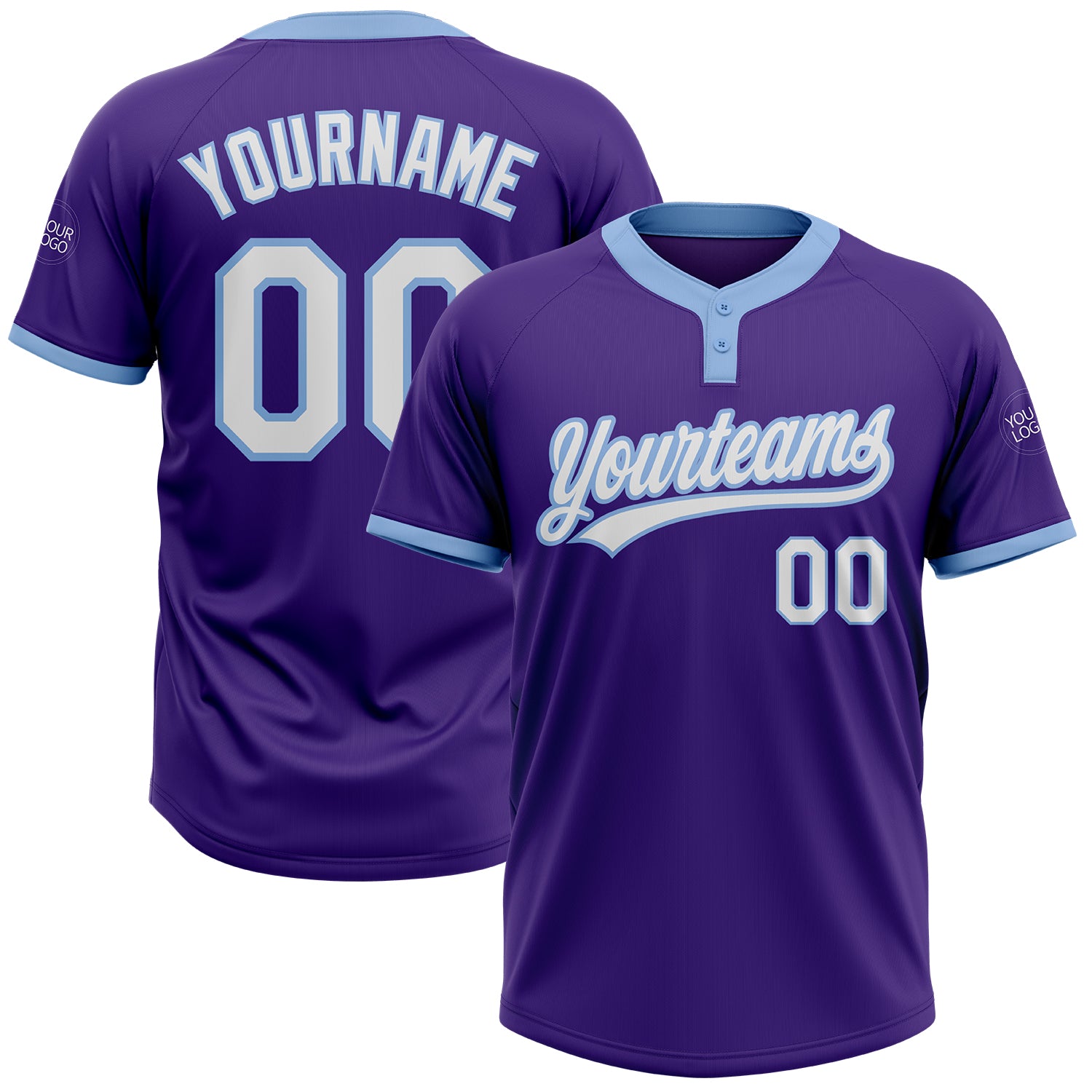 Custom Purple White-Light Blue Two-Button Unisex Softball Jersey Custom Softball Jersey Two-Button Unisex in Purple & Light Blue - Soft Fabric Custom Purple White-Light Blue Two-Button Unisex - Image 1
