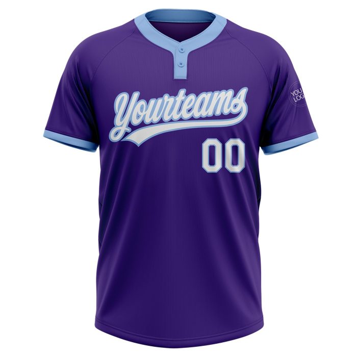 Custom Softball Jersey Two-Button Unisex in Purple & Light Blue - Soft Fabric Custom Purple White-Light Blue Two-Button Unisex - Image 2