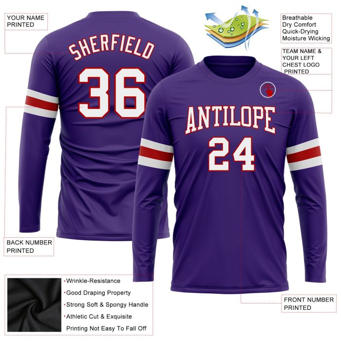 Custom Long Sleeve Performance T-Shirt in Purple, White, and Red for Men and Women Custom Purple White-Red Long Sleeve Performance - Image 3