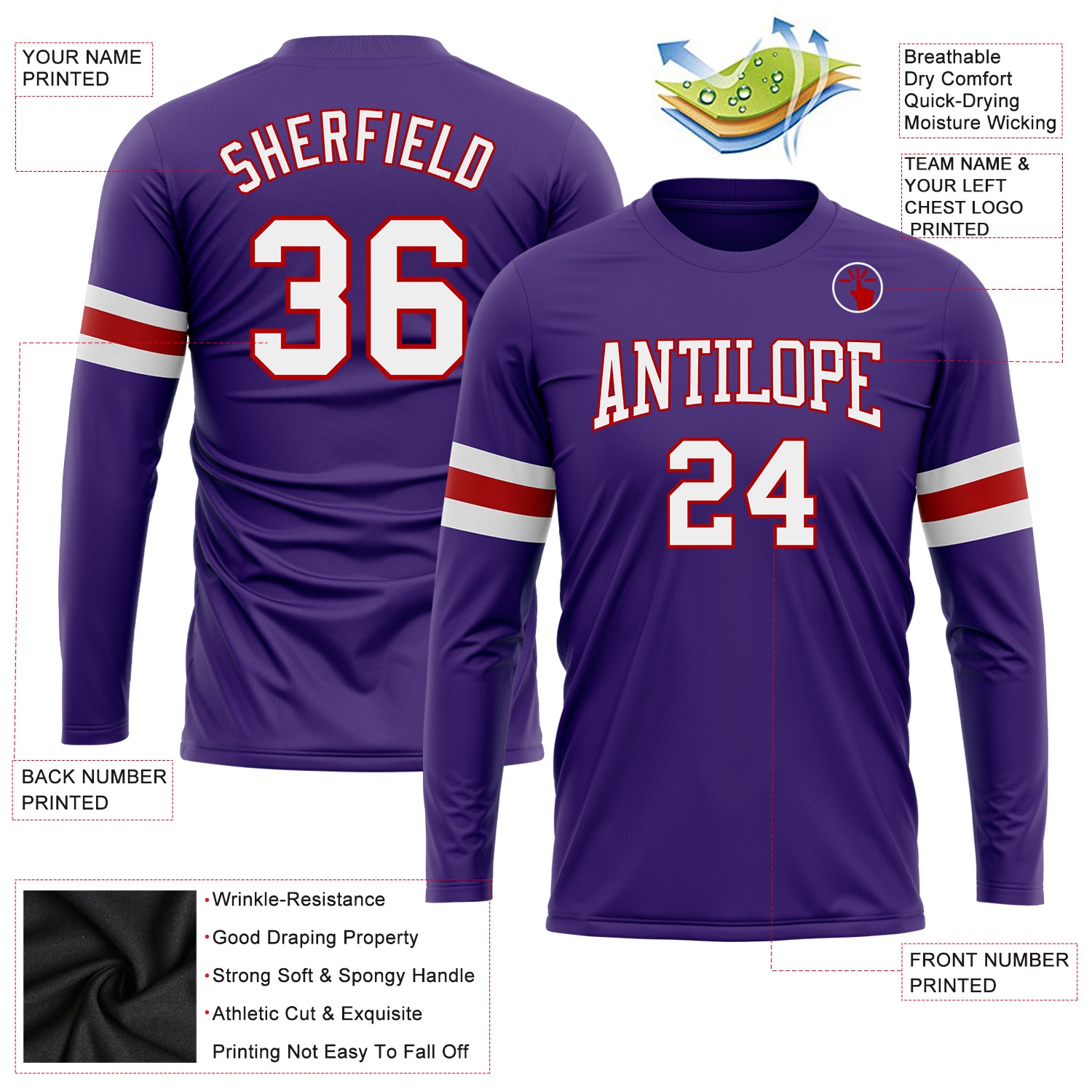 Custom Purple White-Red Long Sleeve Performance T-Shirt Custom Long Sleeve Performance T-Shirt in Purple, White, and Red for Men and Women Custom Purple White-Red Long Sleeve Performance - Image 3