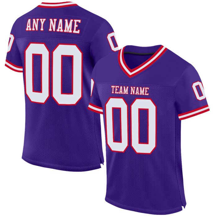 Custom Purple White Red Football Jersey - Authentic Throwback Mesh Style Custom Purple White-Red Mesh Authentic Throwback - Image 1