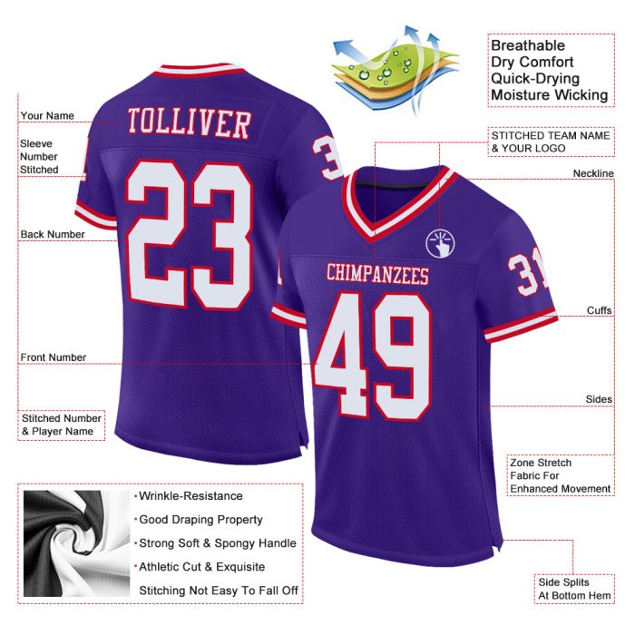 Custom Purple White Red Football Jersey - Authentic Throwback Mesh Style Custom Purple White-Red Mesh Authentic Throwback - Image 2