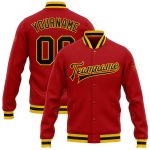 Red Black Gold Custom Bomber Jacket Full-Snap Varsity Letterman Design Custom Red Black-Gold Bomber Full-Snap Varsity Letterman