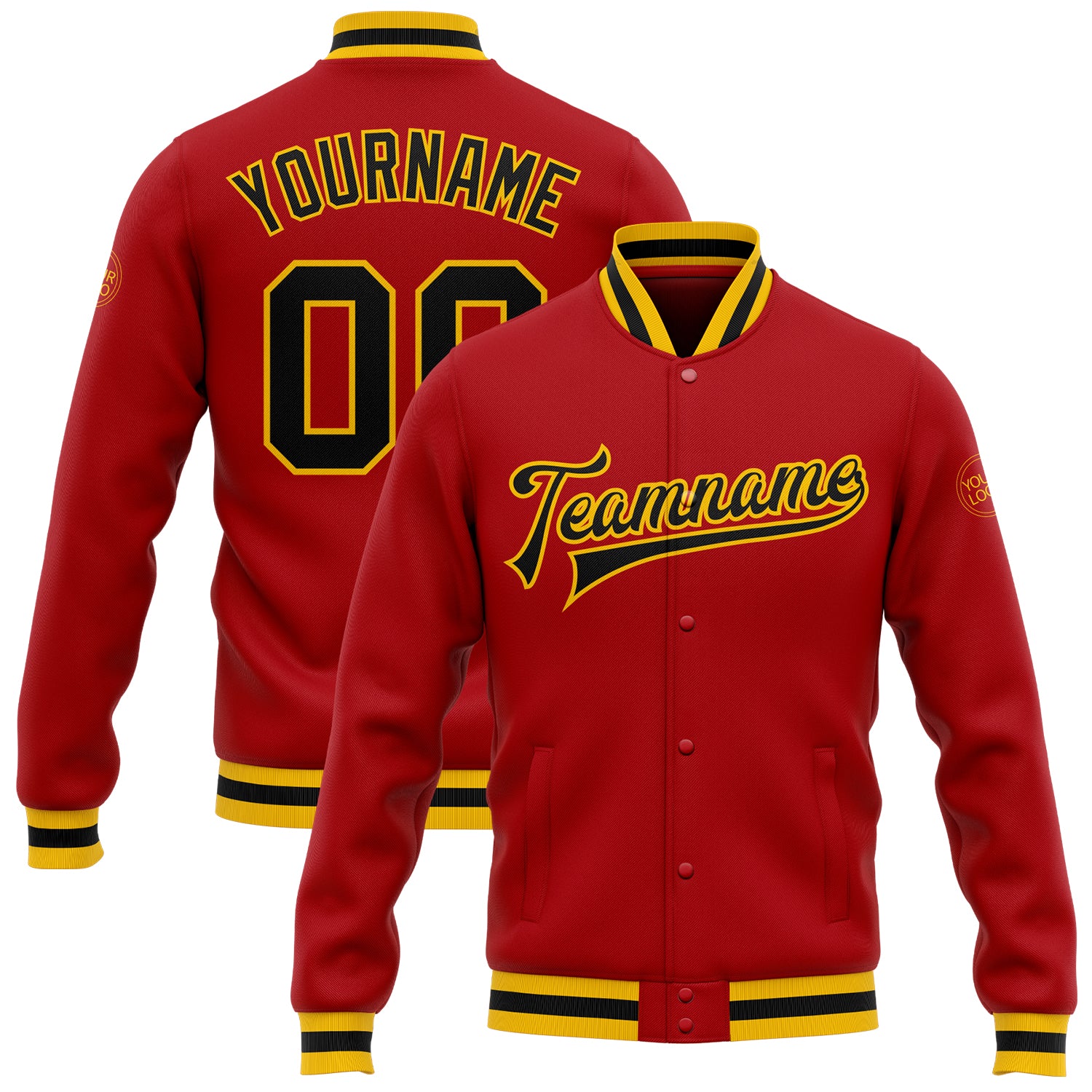 Custom Red Black-Gold Bomber Full-Snap Varsity Letterman Jacket Red Black Gold Custom Bomber Jacket Full-Snap Varsity Letterman Design Custom Red Black-Gold Bomber Full-Snap Varsity Letterman - Image 1