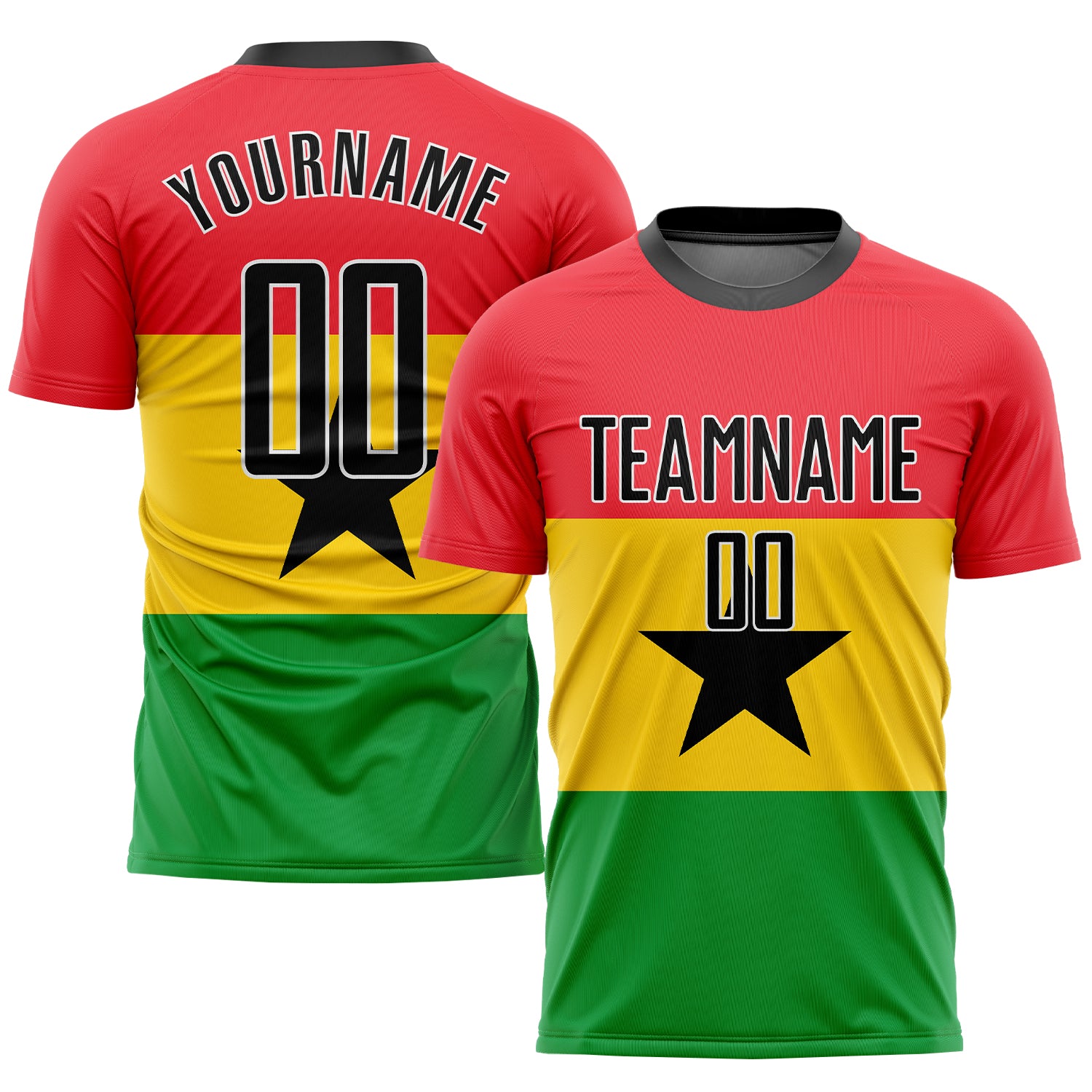 Ghanaian Flag Soccer Jersey Custom Design in Red Black Gold and Kelly Green Custom Red Black Gold-Kelly Green Sublimation
