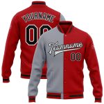 Custom Bomber Jacket Red Black Gray Full-Snap Varsity Letterman Fashion Split Custom Red Black-Gray Bomber Full-Snap Varsity