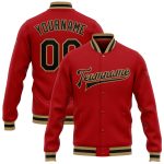 Custom Varsity Letterman Jacket Red Black Old Gold Full-Snap Bomber Coat Custom Red Black-Old Gold Bomber Full-Snap Varsity