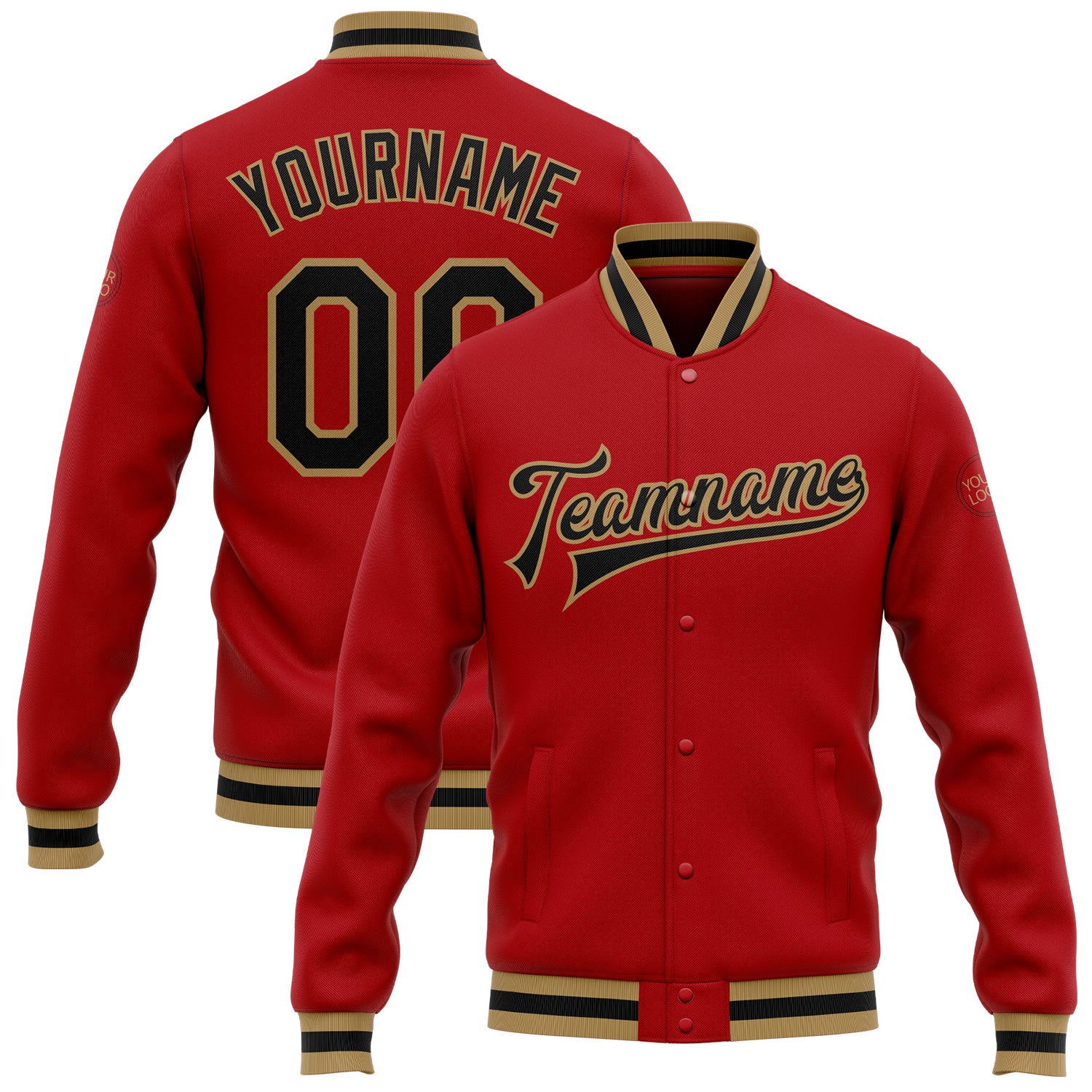Custom Varsity Letterman Jacket Red Black Old Gold Full-Snap Bomber Coat Custom Red Black-Old Gold Bomber Full-Snap Varsity