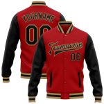Custom Two Tone Red Black Old Gold Varsity Letterman Bomber Full-Snap Jacket Custom Red Black-Old Gold Bomber Full-Snap Varsity