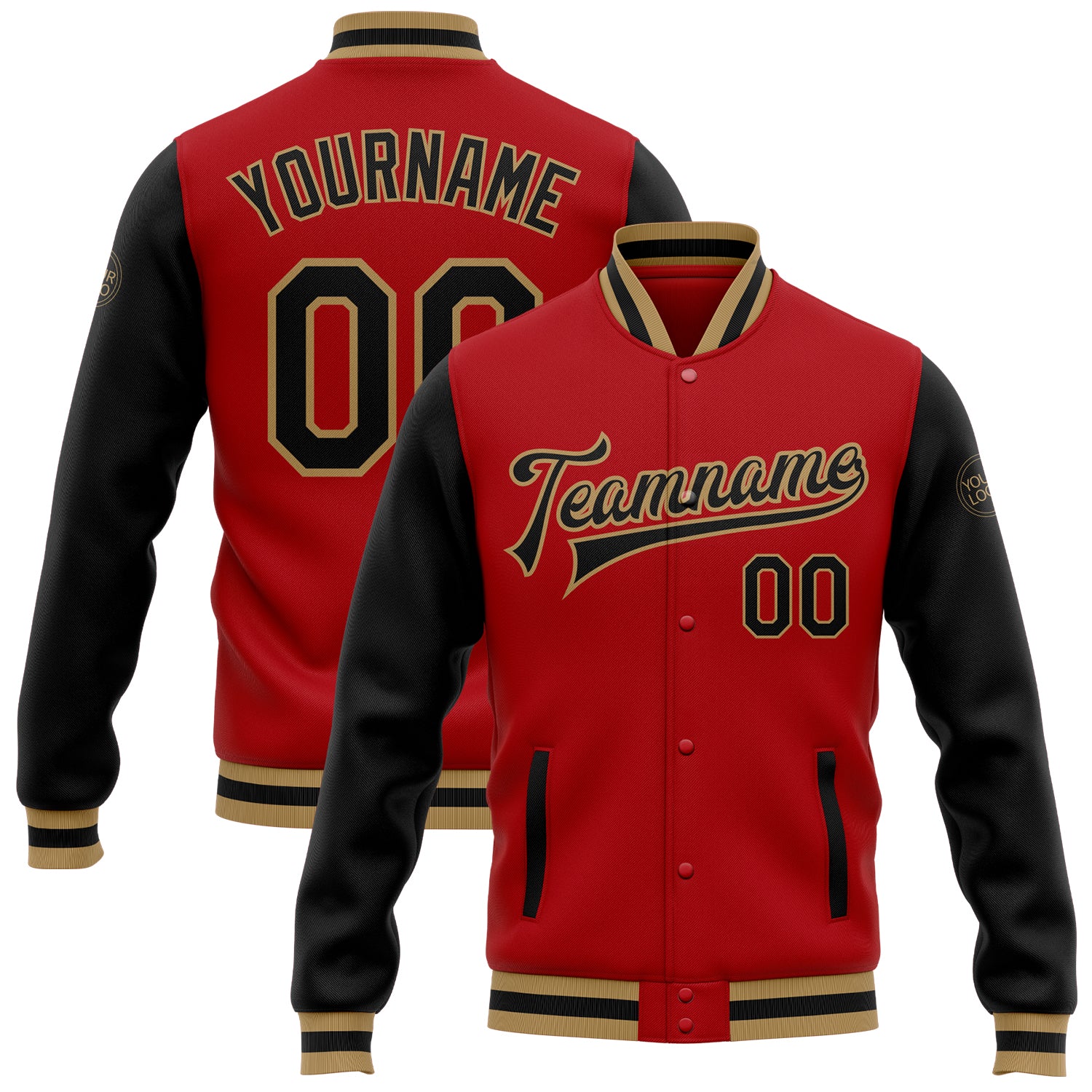 Custom Two Tone Red Black Old Gold Varsity Letterman Bomber Full-Snap Jacket Custom Red Black-Old Gold Bomber Full-Snap Varsity