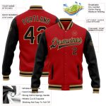 Custom Two Tone Red Black Old Gold Varsity Letterman Bomber Full-Snap Jacket Custom Red Black-Old Gold Bomber Full-Snap Varsity - Image 3
