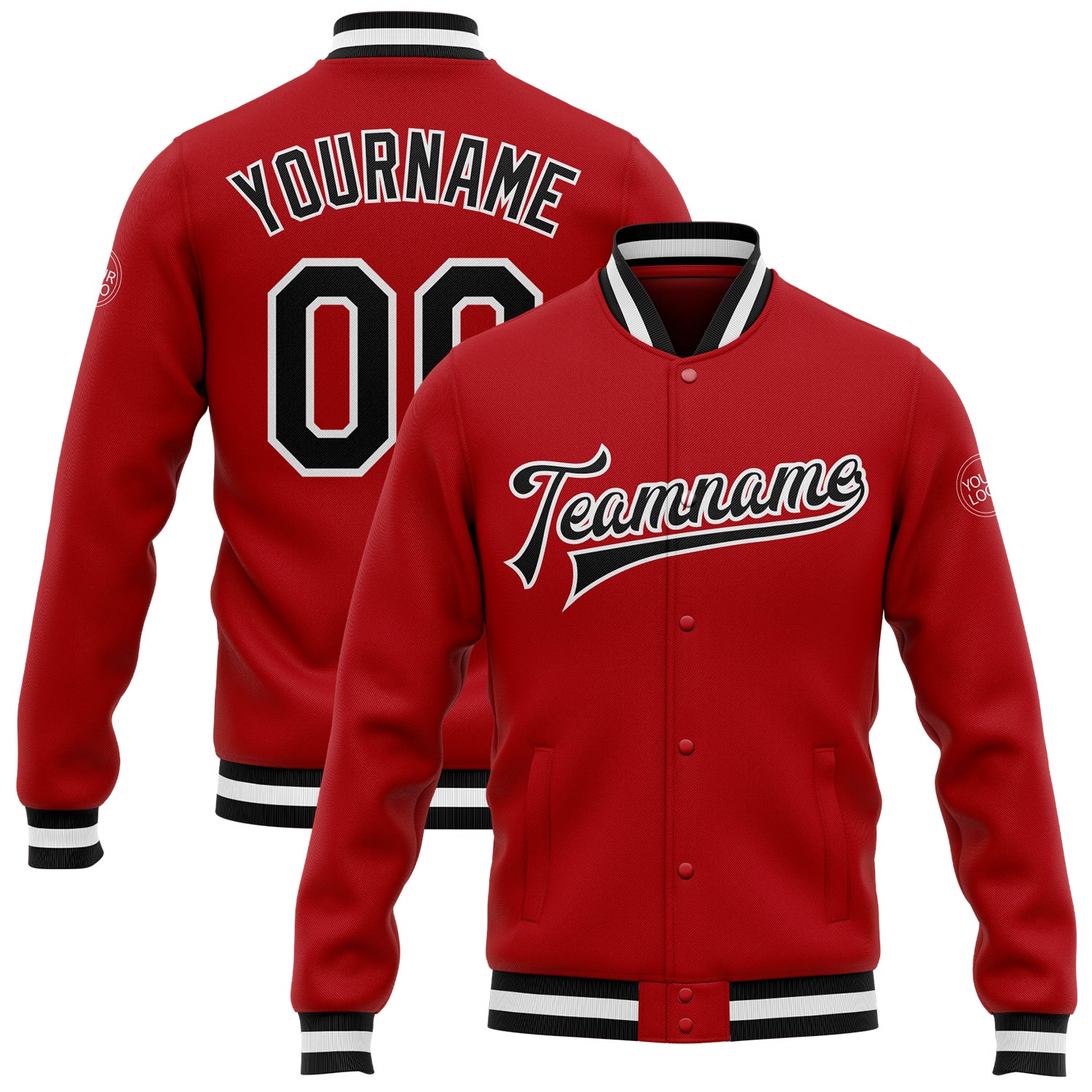 Custom Red Black White Varsity Letterman Bomber Jacket Full-Snap Design Custom Red Black-White Bomber Full-Snap Varsity Letterman