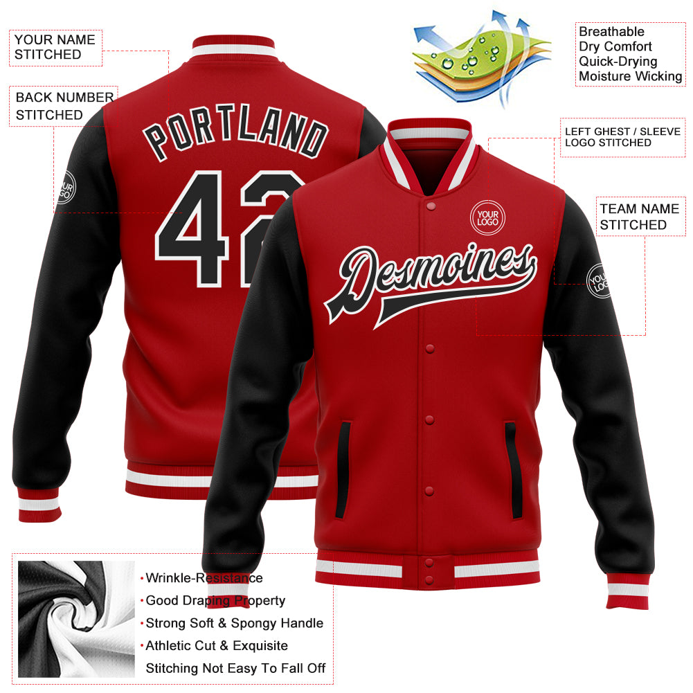 Custom Red Black-White Bomber Full-Snap Varsity Letterman Two Tone Jacket Custom Two Tone Bomber Jacket Red Black White Full-Snap Varsity Letterman Custom Red Black-White Bomber Full-Snap Varsity - Image 3
