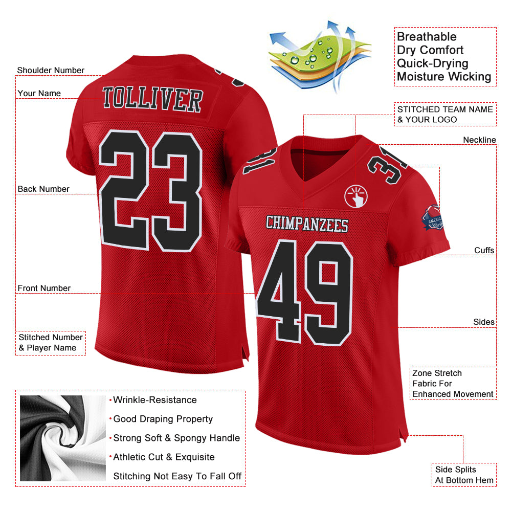 Custom Red Black-White Mesh Authentic Football Jersey Custom Red Black White Football Jersey - Authentic Mesh Sports Apparel Custom Red Black-White Mesh Authentic Football Jersey - Image 2