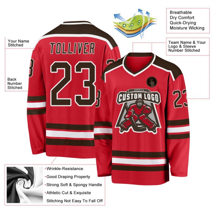 Custom Red Brown-White Hockey Jersey - Personalized Sports Jersey for Fans and Players Custom Red Brown-White Hockey Jersey - Image 3