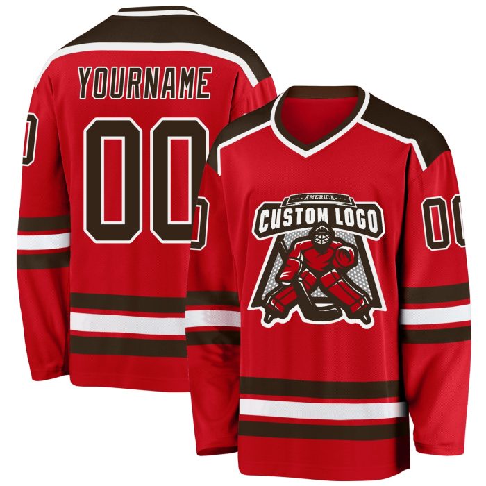 Custom Red Brown-White Hockey Jersey - Personalized Sports Jersey for Fans and Players Custom Red Brown-White Hockey Jersey - Image 1