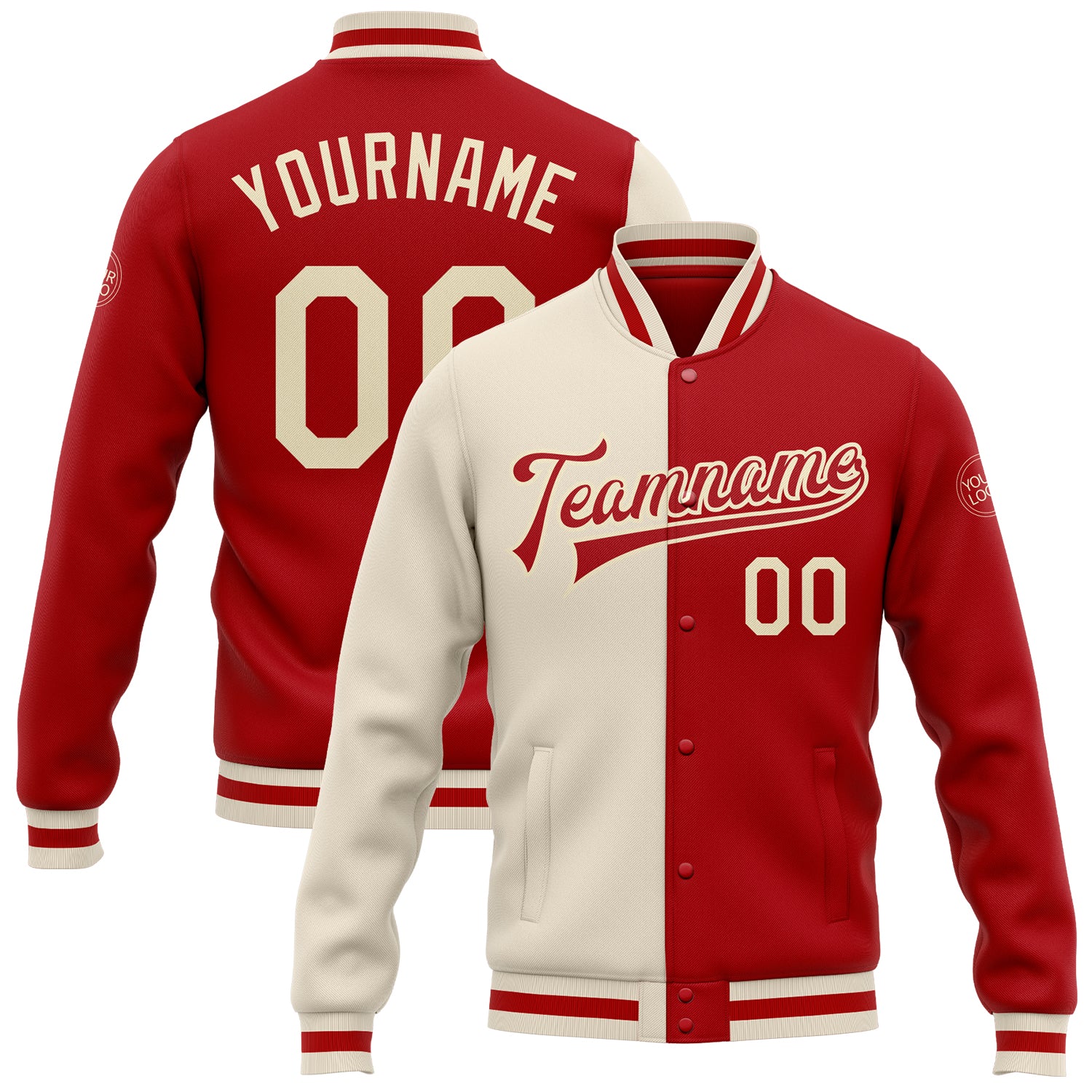 Custom Red Cream Varsity Letterman Bomber Jacket Full-Snap Fashion Coat Custom Red Cream Bomber Full-Snap Varsity Letterman