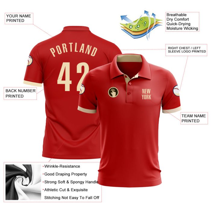 Custom Red Performance Golf Polo Shirt - Breathable and Stylish Design Custom Red Cream Performance Golf Polo Shirt - Image 3