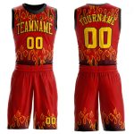 Custom Red Gold Black Flame Basketball Jersey Sublimation Round Neck Suit Custom Red Gold-Black Flame Round Neck Sublimation