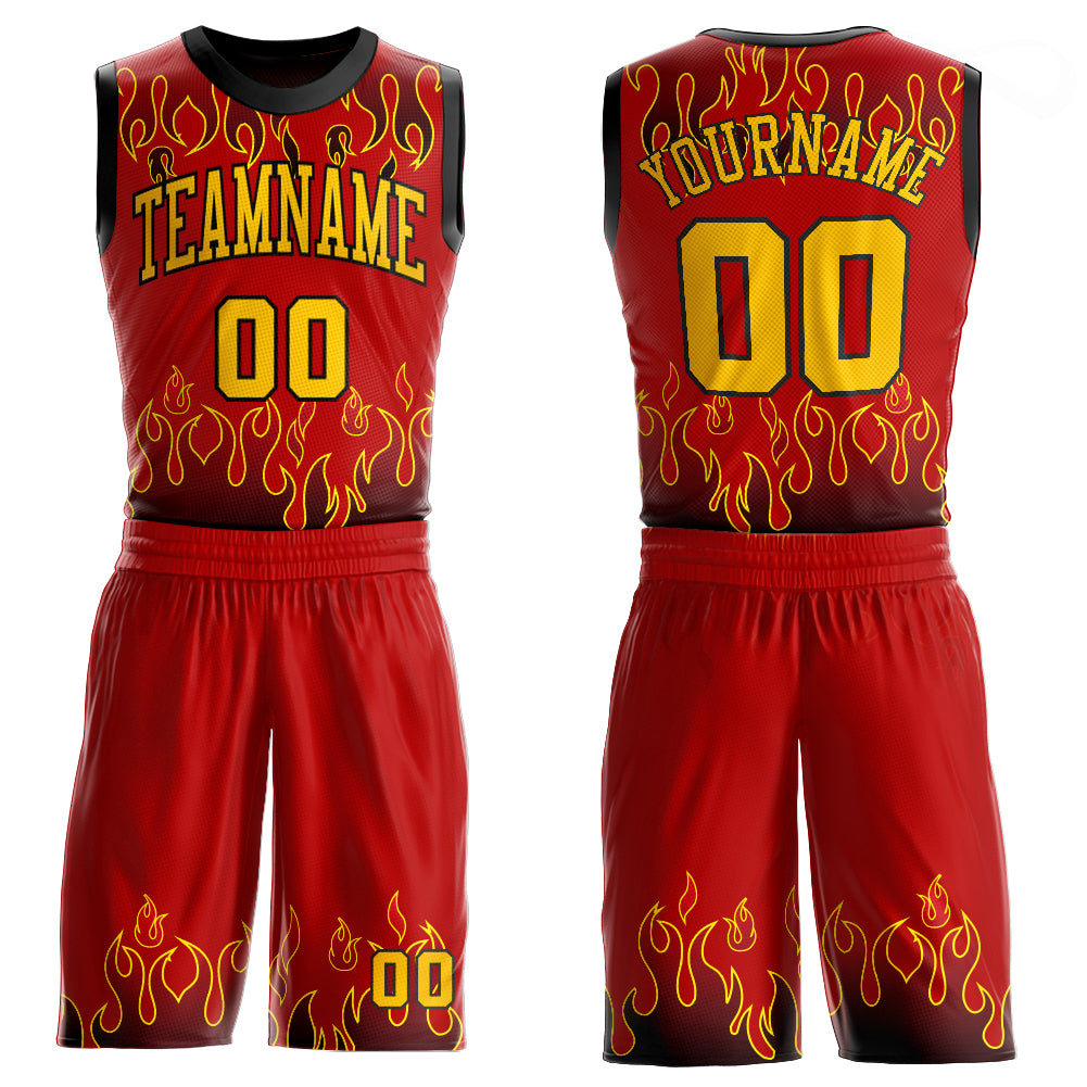 Custom Red Gold Black Flame Basketball Jersey Sublimation Round Neck Suit Custom Red Gold-Black Flame Round Neck Sublimation