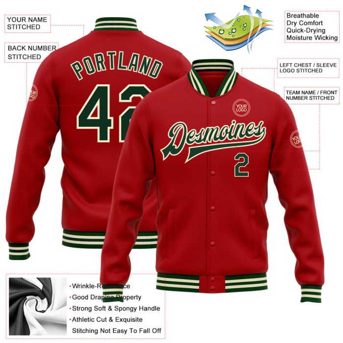 Custom Red Green Cream Varsity Letterman Bomber Jacket Full-Snap Style Custom Red Green-Cream Bomber Full-Snap Varsity Letterman - Image 3