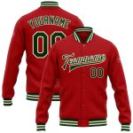 Custom Red Green Cream Varsity Letterman Bomber Jacket Full-Snap Style Custom Red Green-Cream Bomber Full-Snap Varsity Letterman
