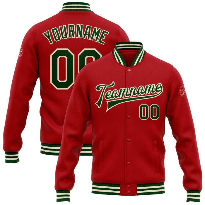 Custom Red Green Cream Varsity Letterman Bomber Jacket Full-Snap Style Custom Red Green-Cream Bomber Full-Snap Varsity Letterman - Image 1