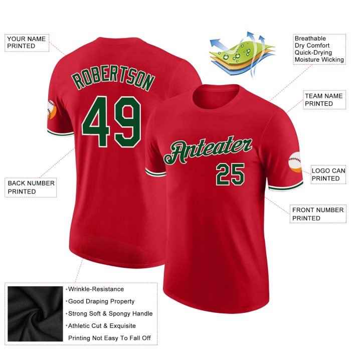 Custom Performance T-Shirt Red Green-White for Men and Women Custom Red Green-White Performance T-Shirt - Image 2
