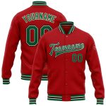 Custom Red Kelly Green Cream Black Varsity Letterman Bomber Jacket Full-Snap Custom Red Kelly Green Cream-Black Bomber Full-Snap