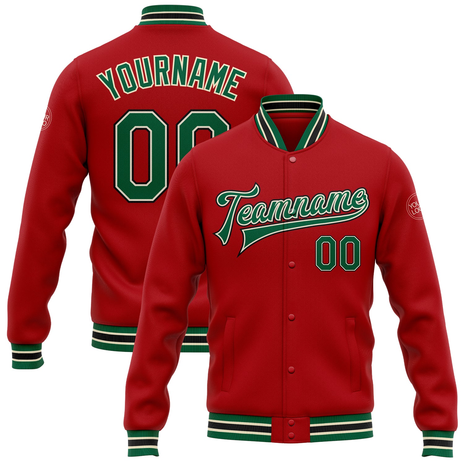 Custom Red Kelly Green Cream-Black Bomber Full-Snap Varsity Letterman Jacket Custom Red Kelly Green Cream Black Varsity Letterman Bomber Jacket Full-Snap Custom Red Kelly Green Cream-Black Bomber Full-Snap - Image 1